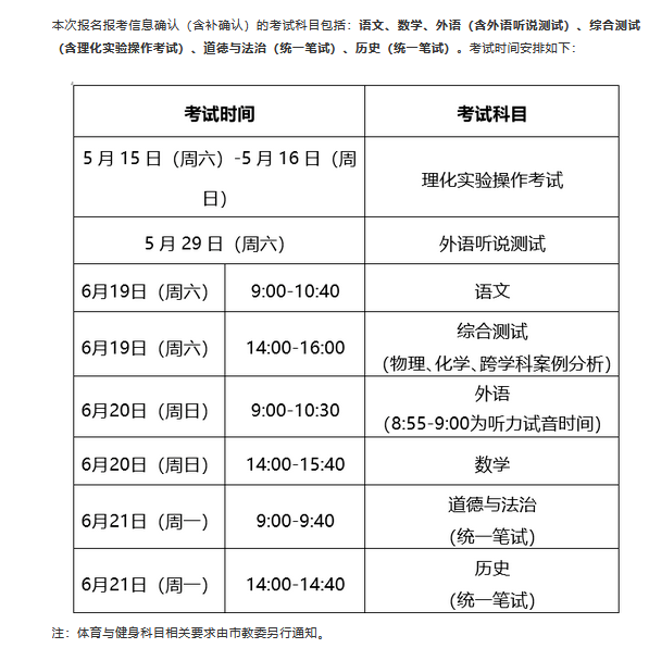 上海2021中考考试具体时间