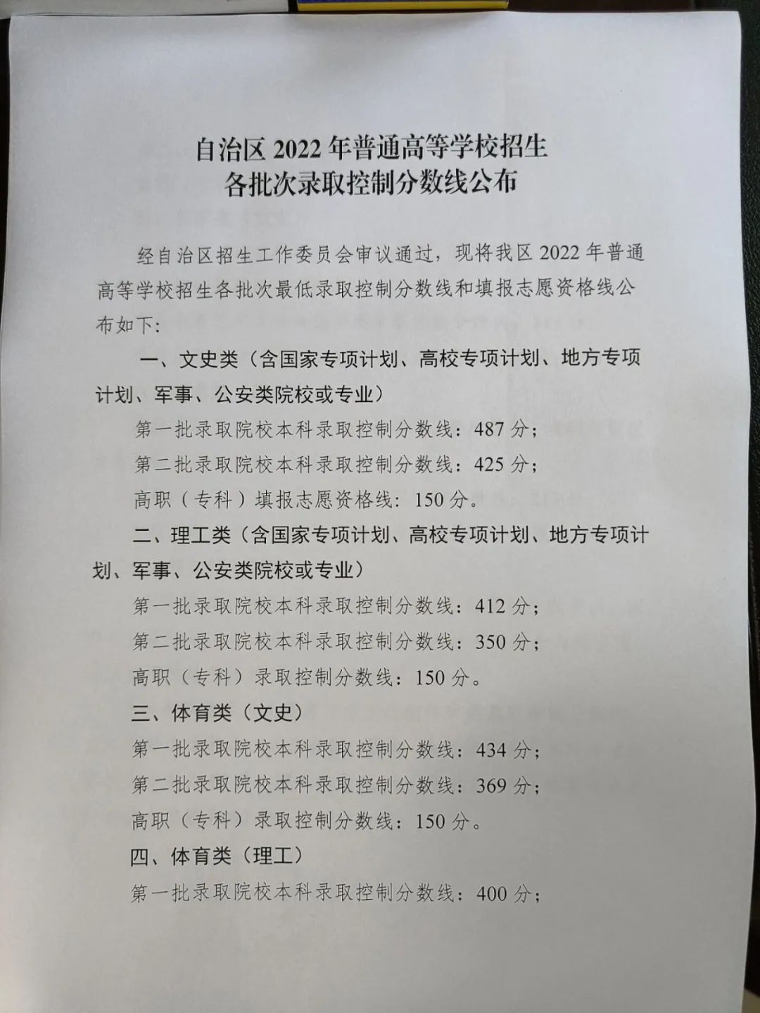 宁夏2022年高考分数线最新