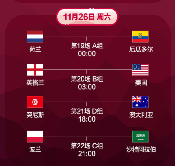 11月26日卡塔尔足球世界杯比赛时间一览