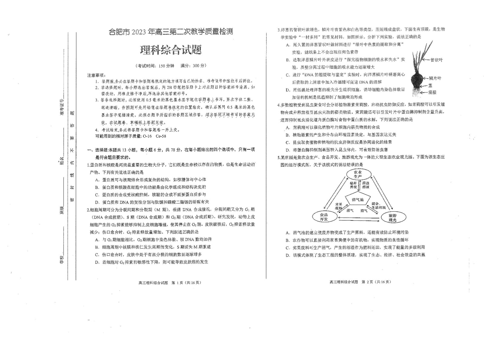 安徽省合肥市2023届高三二模理科综合试题