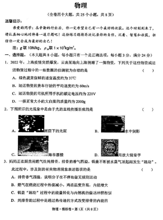 2023重庆市第八中学中考物理模拟试题