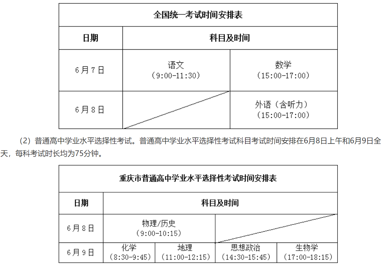 2023重庆高考各科考试时间
