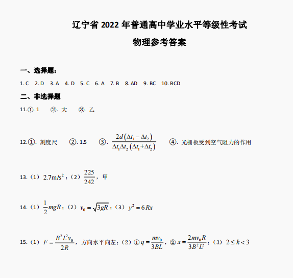 2022年辽宁省高考物理试题及参考答案