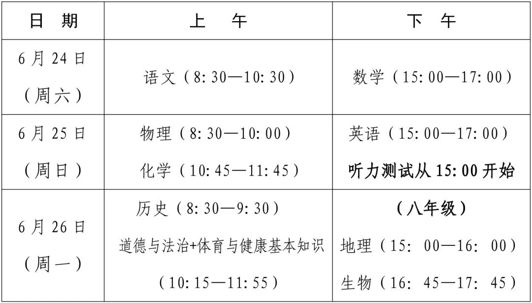 2023中考时间科目表