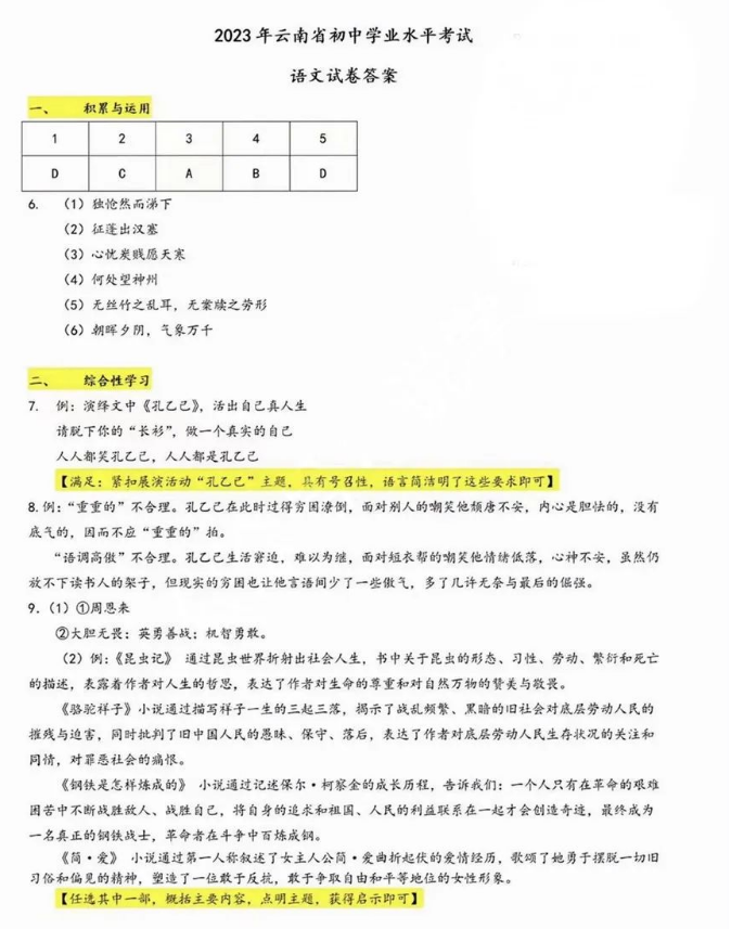 2023年云南省中考语文真题