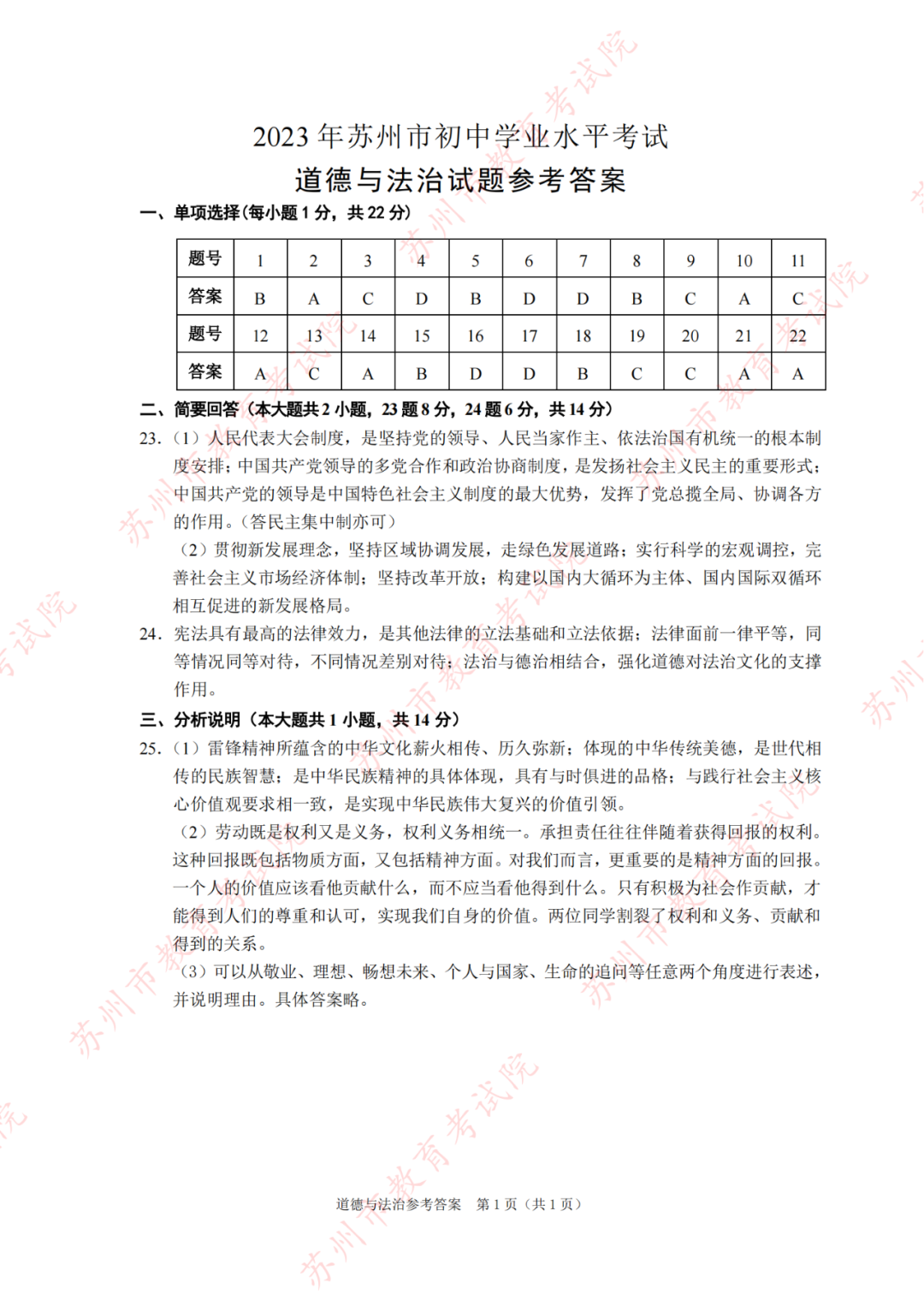 2023年苏州市中考道德与法治试题