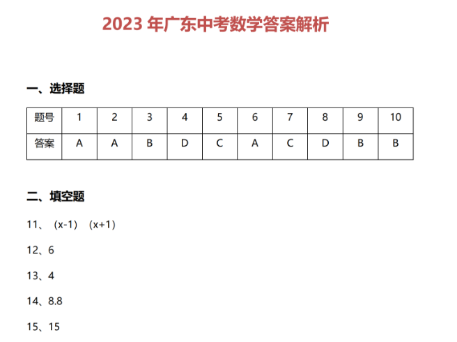 2023广东中考数学真题