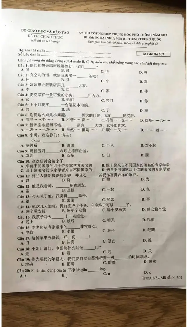越南高考中文题曝光引热议,“每个空都意想不到”