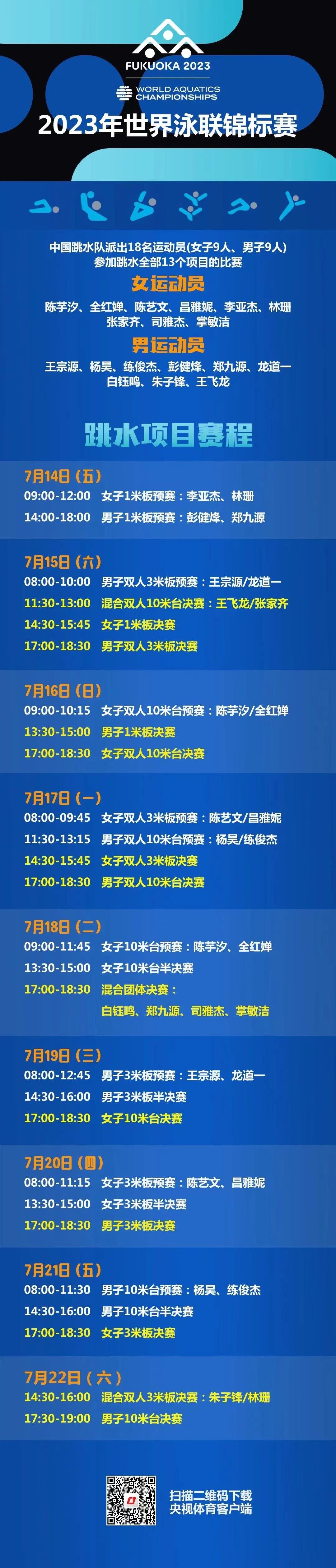 2023世界泳联锦标赛跳水赛程