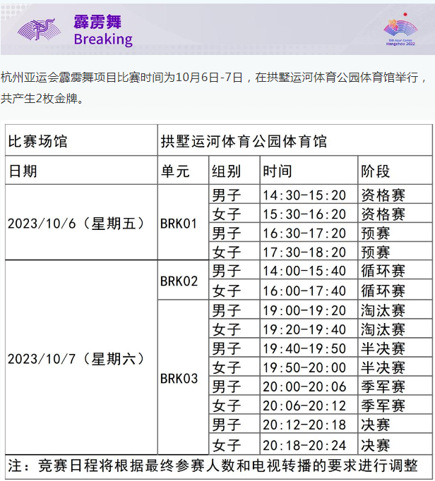 杭州亚运会霹雳舞比赛时间赛程表