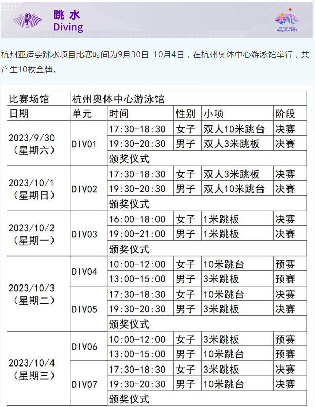 杭州亚运会跳水比赛时间表