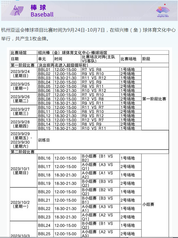 2023年杭州亚运会棒球比赛时间