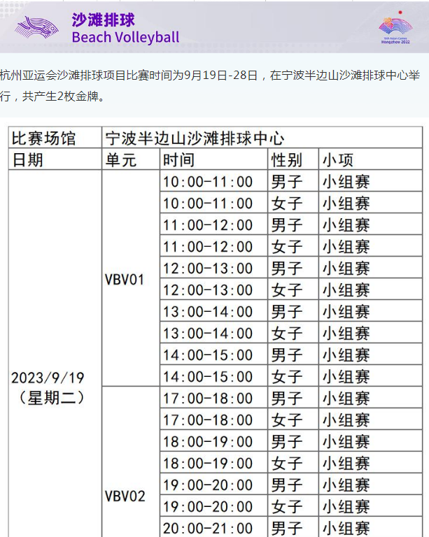 杭州亚运会2023年沙滩排球赛程