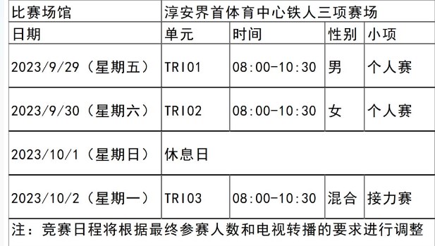 杭州亚运会铁人三项项目时间表