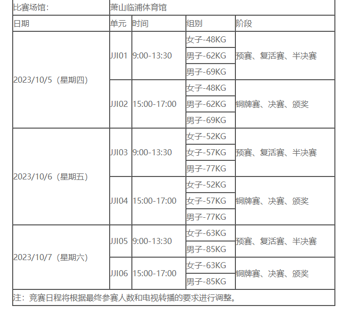 杭州亚运会2023年柔道详细赛程