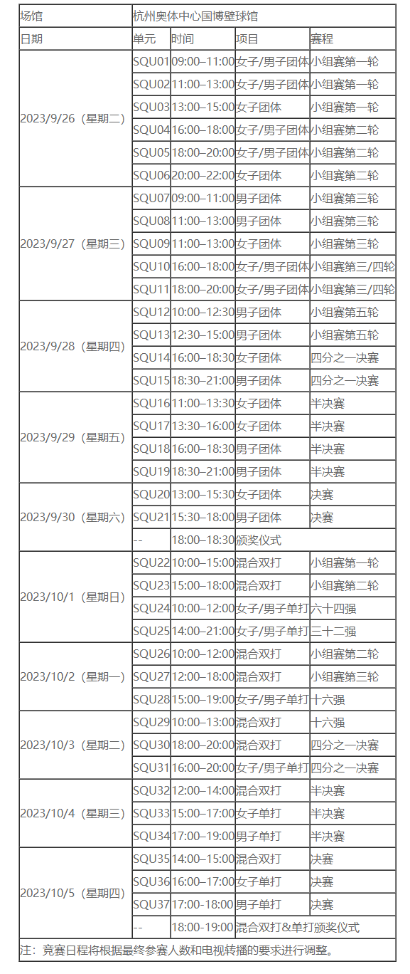 杭州亚运会壁球赛程时间