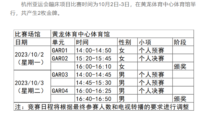 杭州亚运会蹦床比赛时间安排