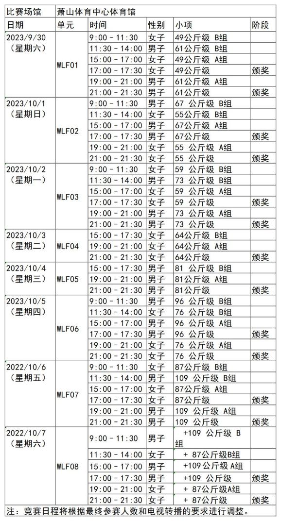 杭州亚运会2023举重赛程时间表